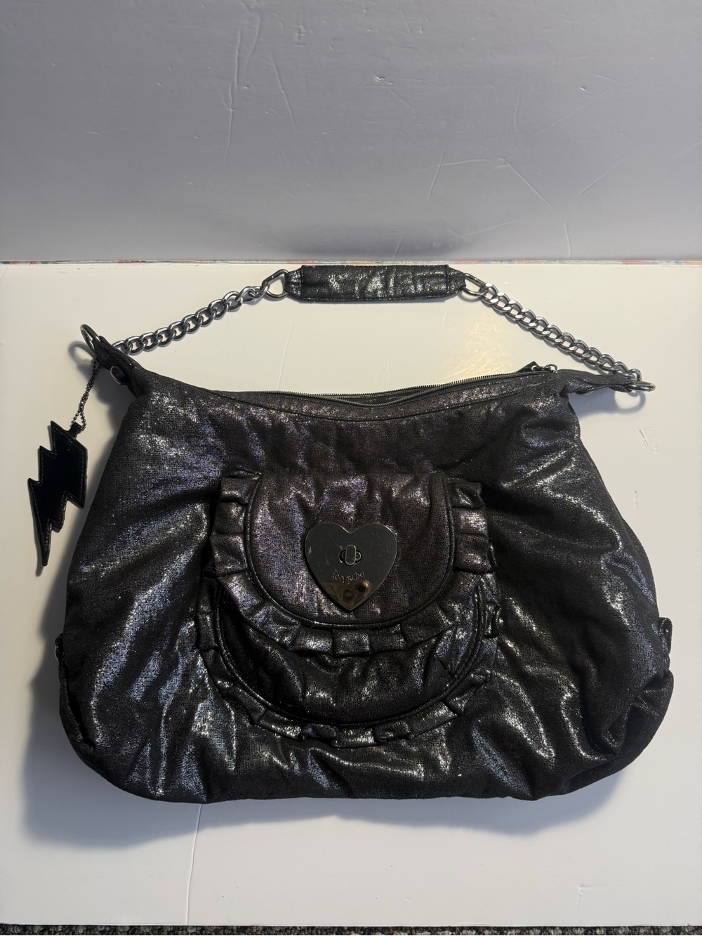 Betseyville Y2K Punk Iridescent Black Metallic Leopard Gold Heart Hobo Bag,Large